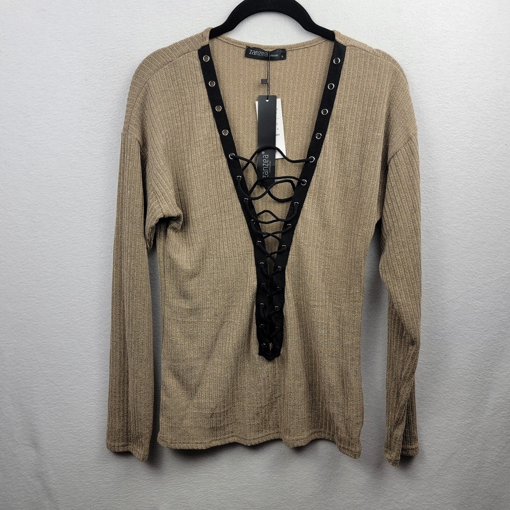 Zanzea Collection Top Womens Deep V Lace Up Long Sleeve Size Large
